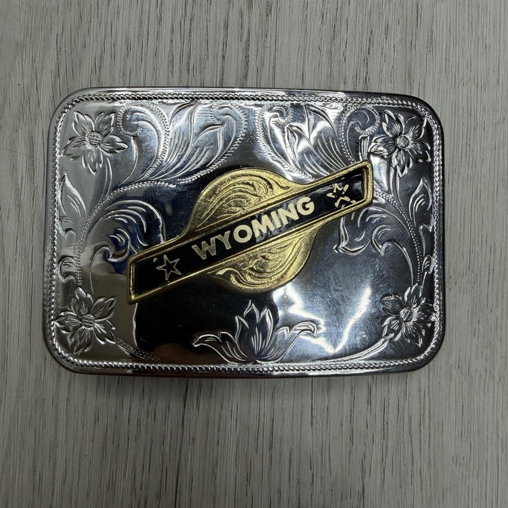 Wyoming Souvenir Belt Buckle Silver Gold Tone Floral Scroll Enamel Western VTG